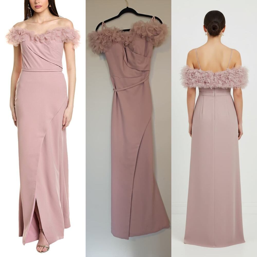 Rene Ruiz Collection Off-the-Shoulder 3D Floral Trim Gown Size 4 Pink